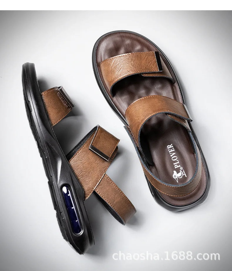 Men’s Summer Leather Sandals – Casual Beach Shoes with Hook & Loop Strap