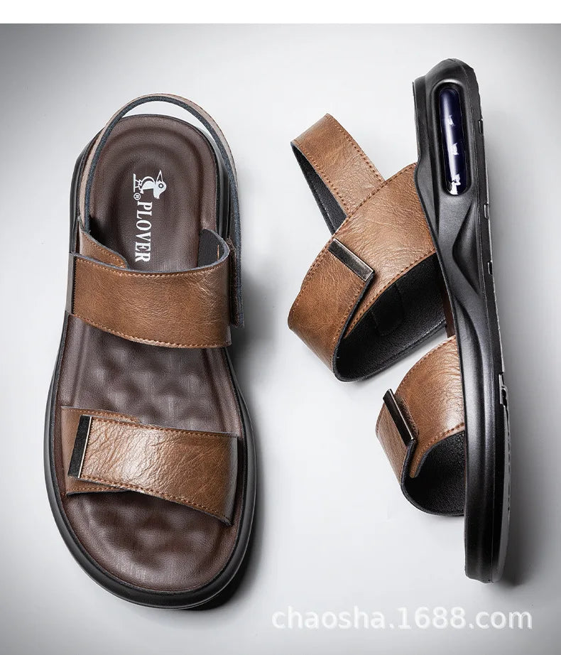 Men’s Summer Leather Sandals – Casual Beach Shoes with Hook & Loop Strap