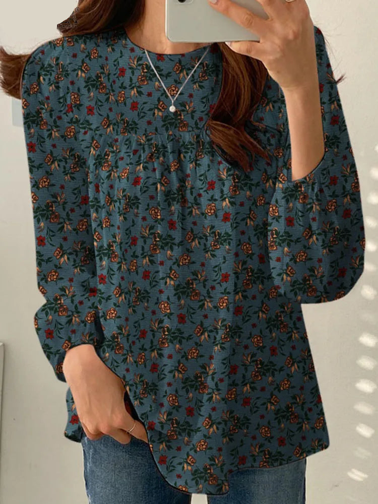 Floral Cotton Blouse – Bohemian Long Sleeve O-Neck Casual Shirt