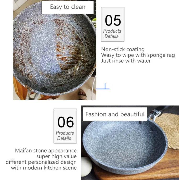 Stone-coated frying pan with text on cleaning and design features.