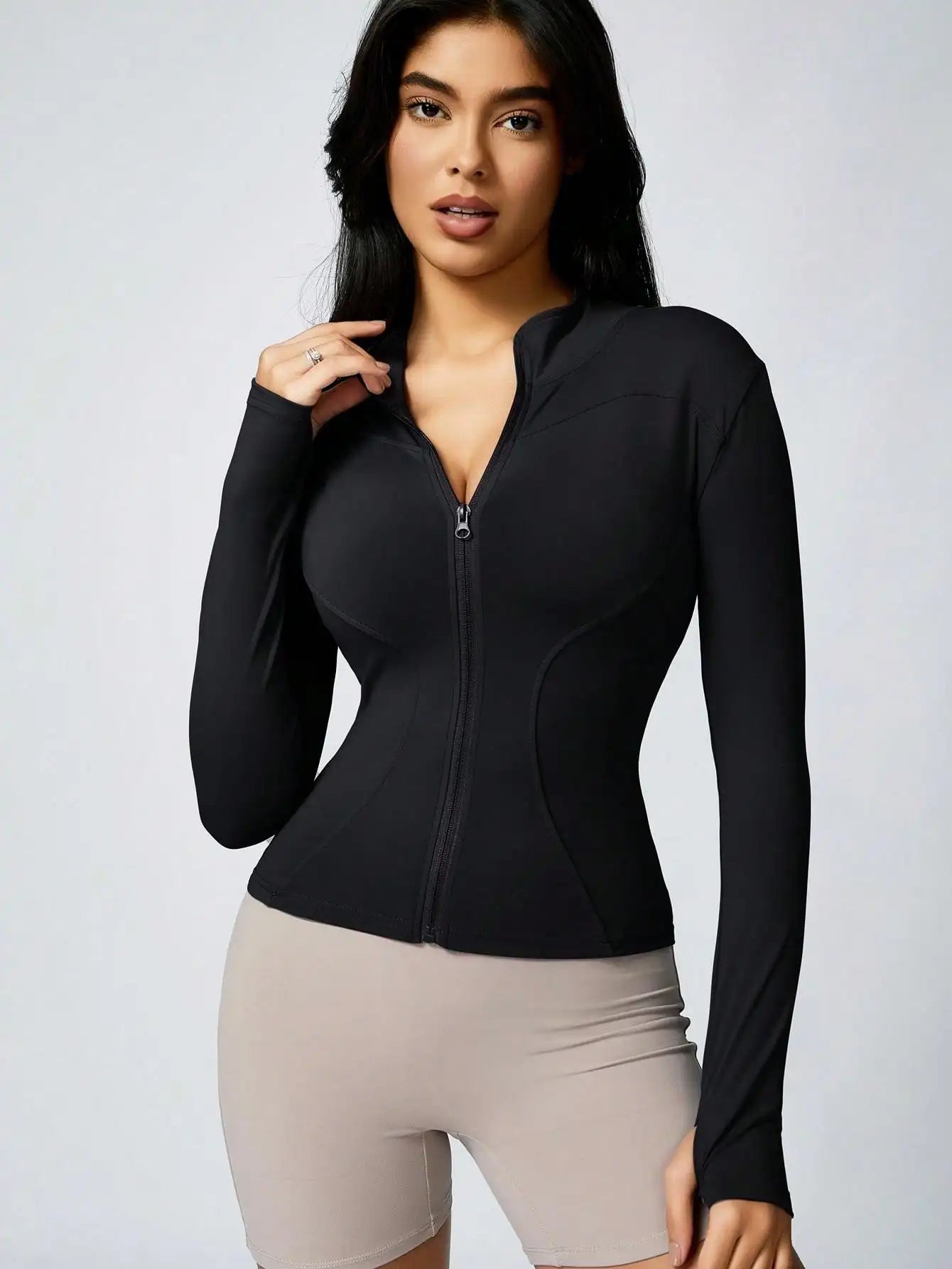 Women’s Zip-Up Sports Jacket – Slim Fit Turtleneck Long Sleeve Activewear Top