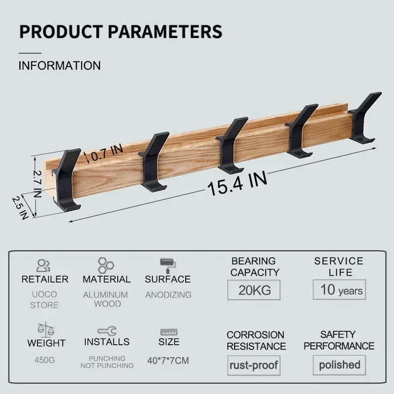 Nordic Wall Mounted Wooden Coat Rack with 5 Movable Hooks Ideal for Coats