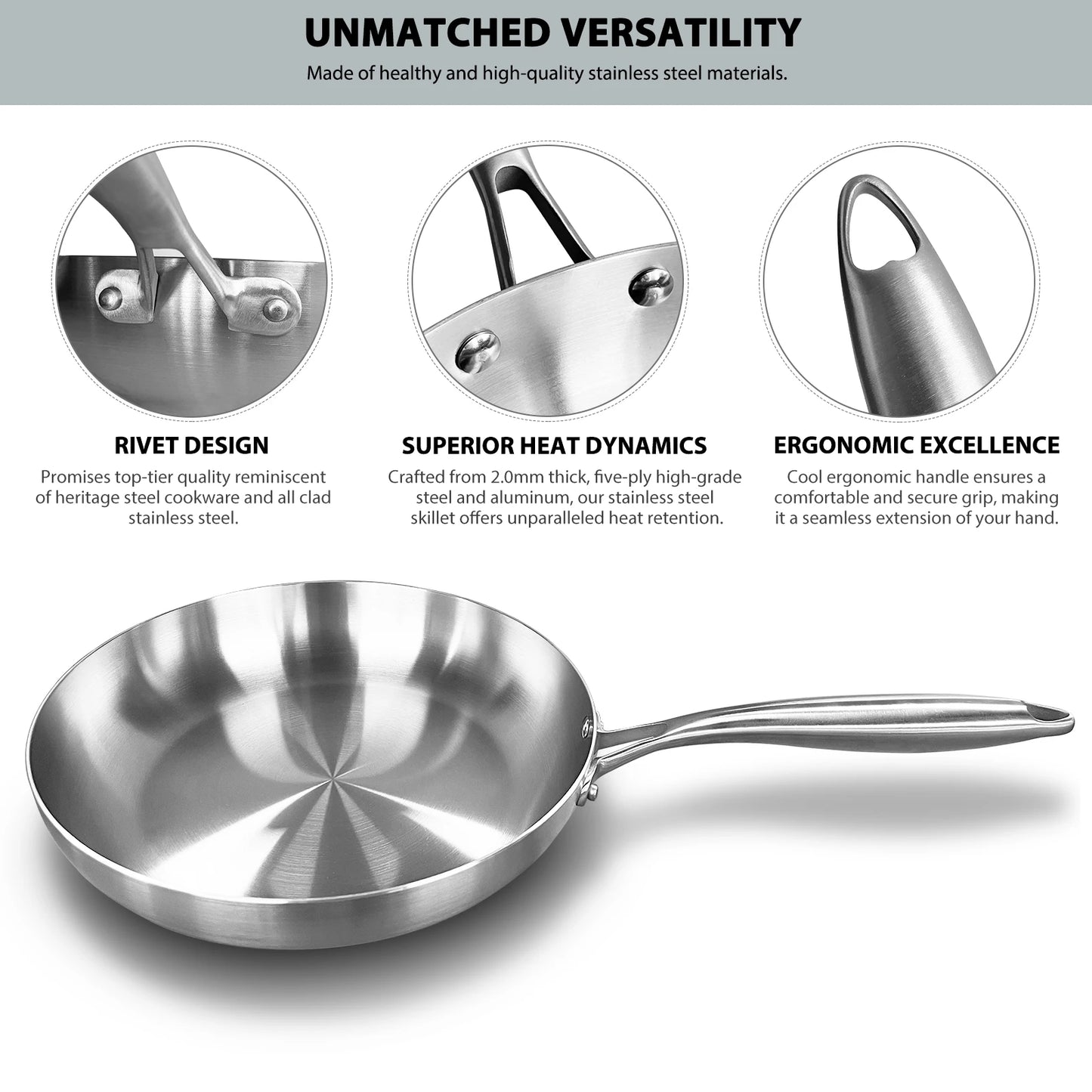 304 Stainless Steel Frying Pan – Non-Stick Skillet for Gas & Induction Cookers