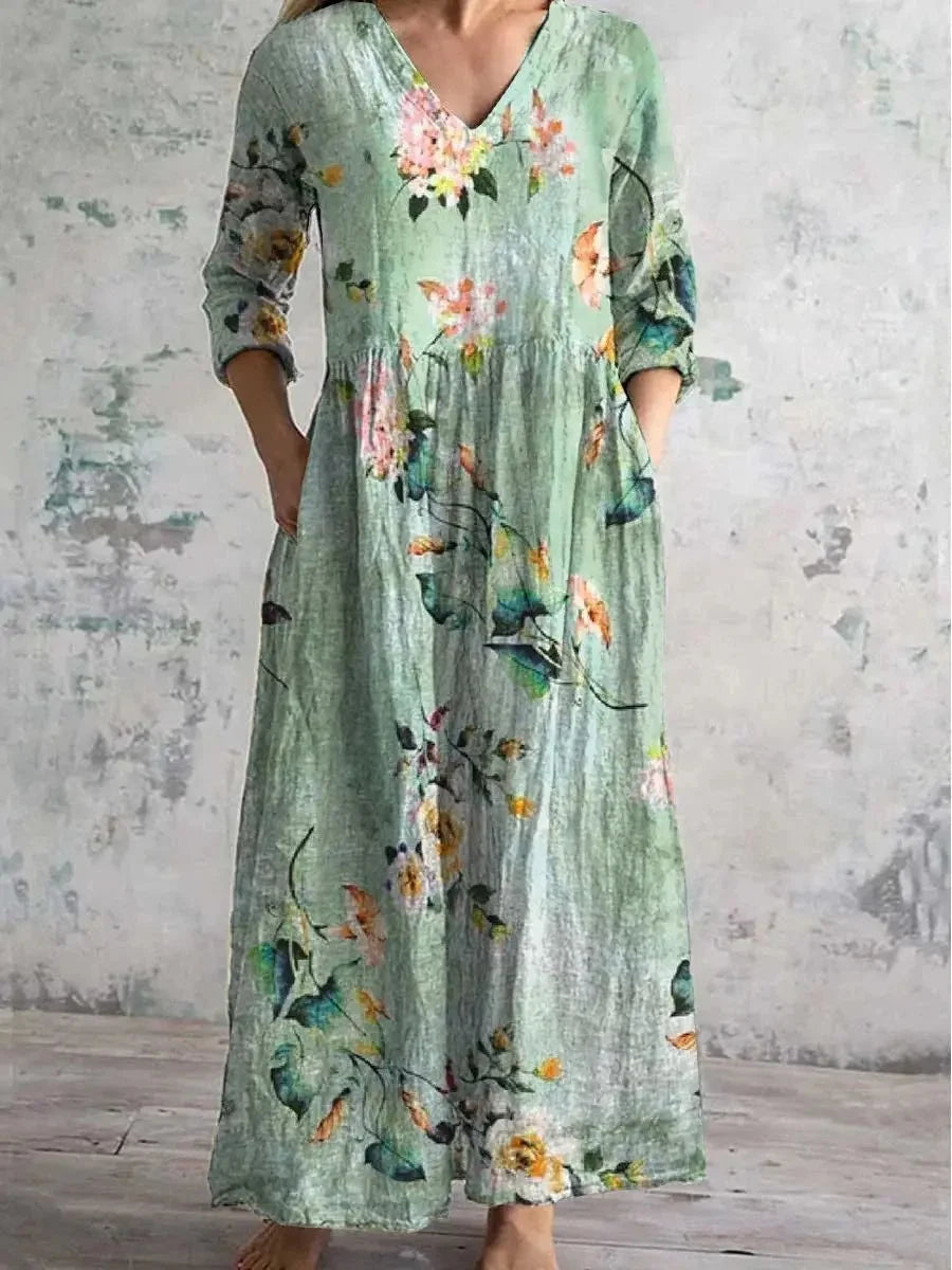 Women’s Casual Floral Print Midi Dress – Elegant Mid-Length V-Neck One-Piece