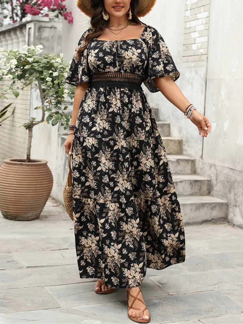 Plus Size Boho Floral Maxi Dress – Elegant Square Neck | Knot Front