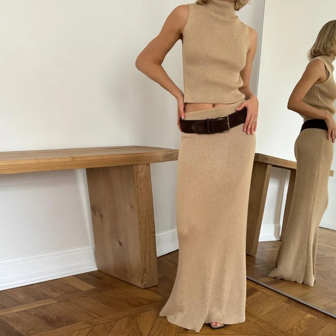 Elegant Knitted Two-Piece Set – Sleeveless Turtleneck Vest & High Waist Skirt