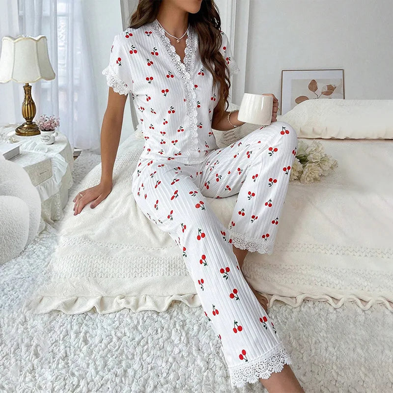 Cherry Print Lace Patchwork Pyjama Set – Cute 2PCS Summer Loungewear Set
