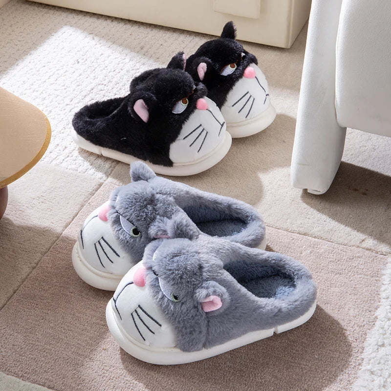 Women's Cat Plush Winter Slippers Indoor Furry House Shoes with Embroidered Face