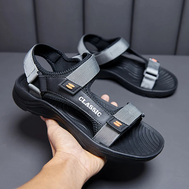 Men’s Summer Outdoor Sandals – Classic PU Beach Shoes with Hook & Loop Closure