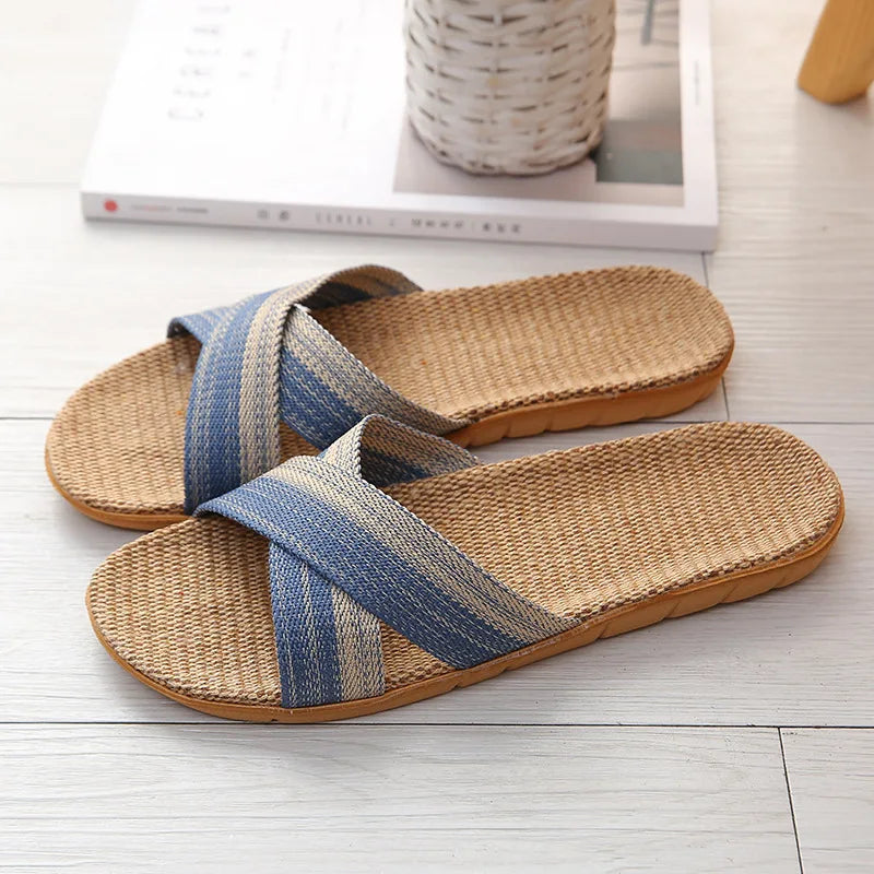 Summer Men’s Flax Slippers – Retro Cross-Strap Linen Indoor & Beach Slides