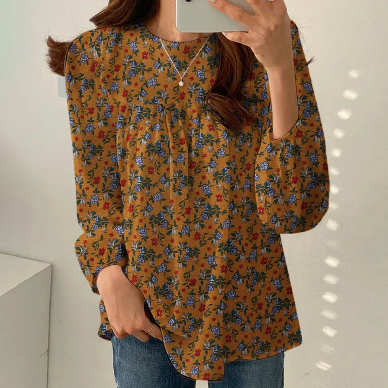 Floral Cotton Blouse – Bohemian Long Sleeve O-Neck Casual Shirt