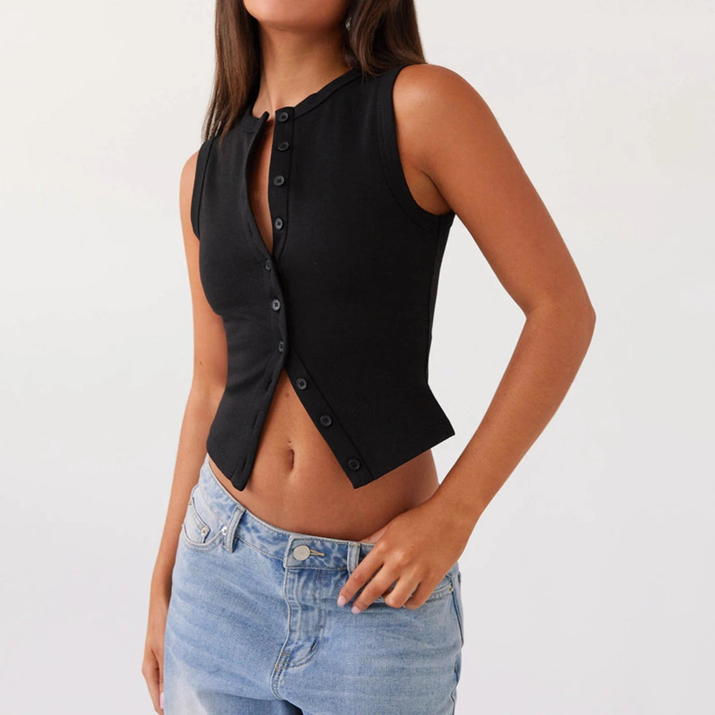 Women’s Ribbed Button Down Tank Top – Slim Fit Y2K Crop Vest with Comfy Stretch Fit
