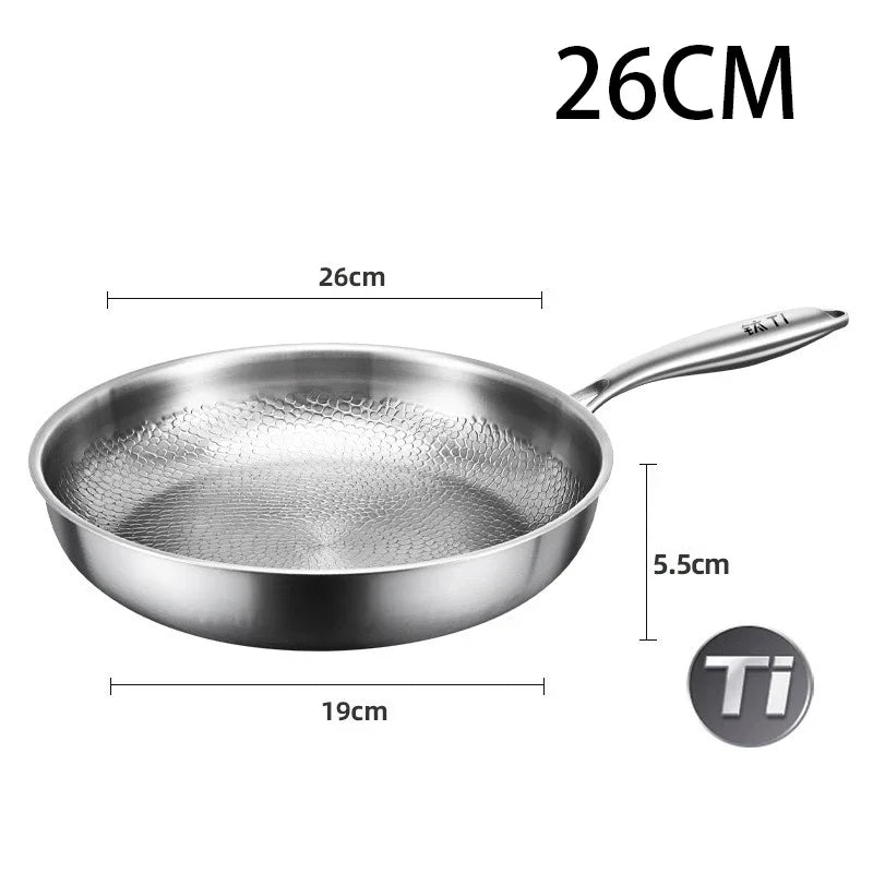 Stainless steel frying pan with dimensions labeled on a white background