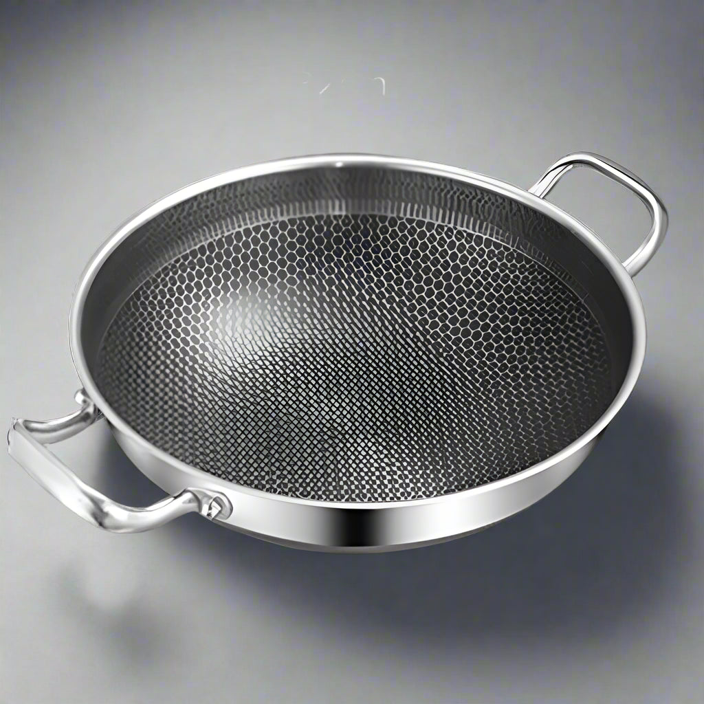 Stainless steel wok with handles on a black background, size 32cm.