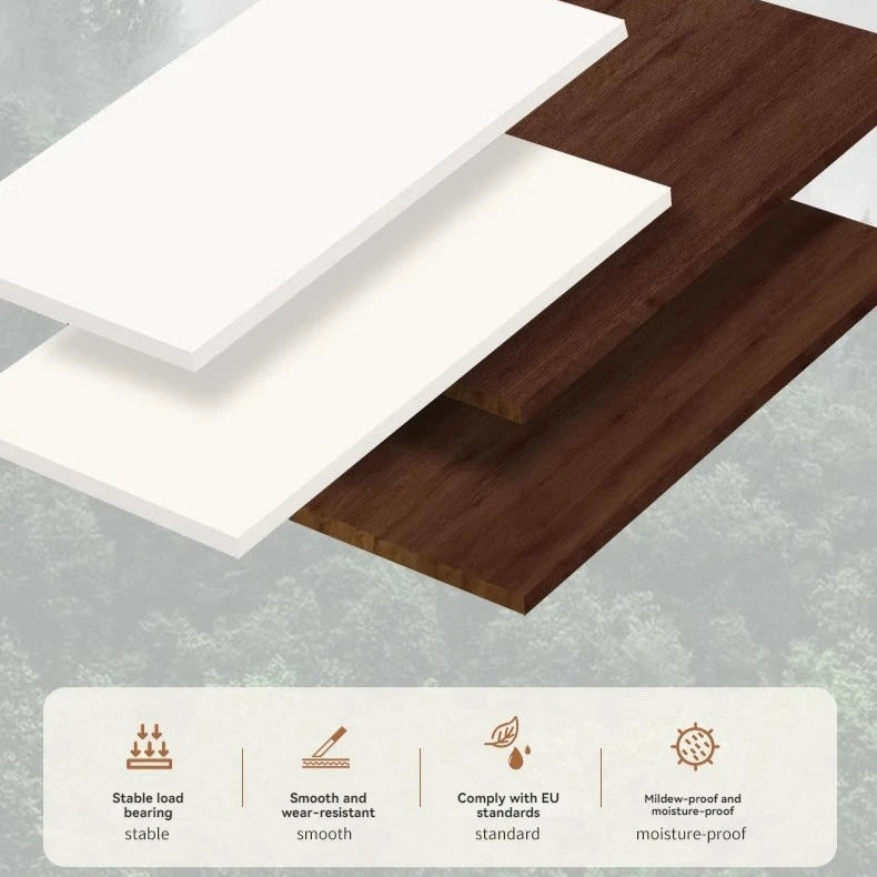 Two wooden panels, one white and one brown, on a light gray background with text about environmental protection and material quality.