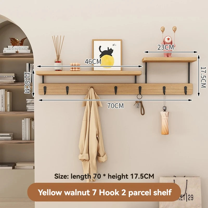Wall-mounted coat rack with hooks and shelves, showing dimensions and product details.