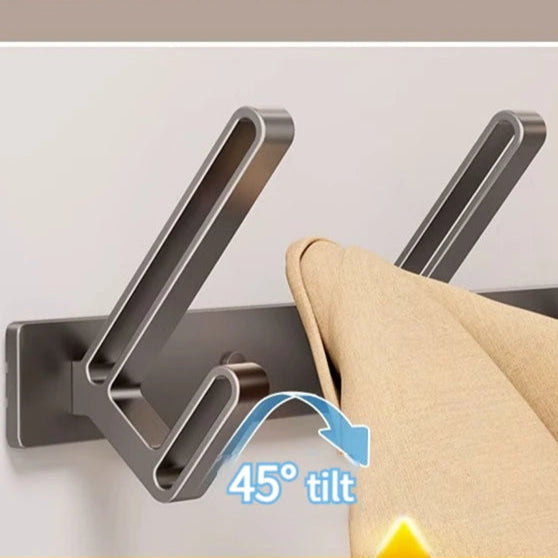 Wall-mounted hook with a 45-degree tilt feature on a promotional card.