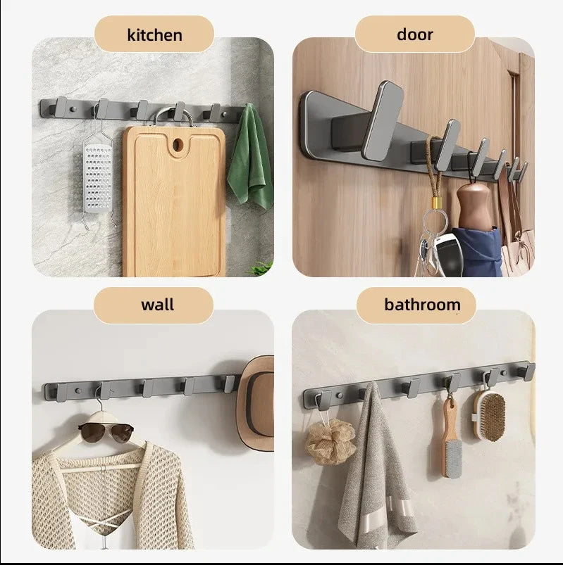 Wall-mounted hooks in various settings including kitchen, door, wall, and bathroom.