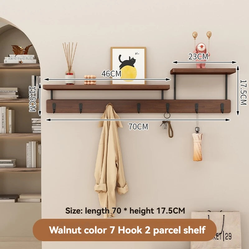 Wall-mounted shelf with hooks and parcel holder, showing dimensions and material details.