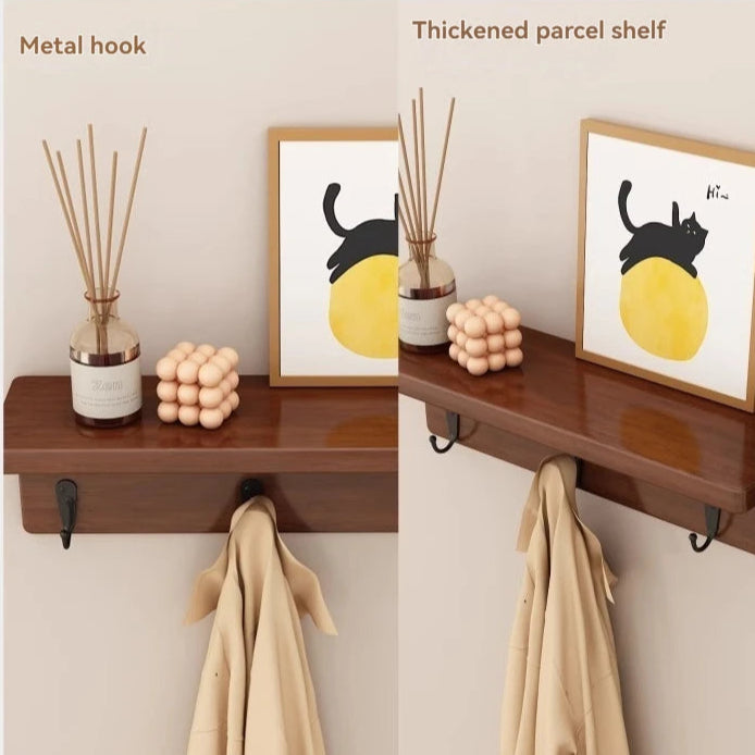 Wall-mounted shelf with metal hook and thickened parcel shelf, featuring decorative items.