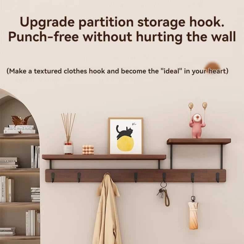 Wall-mounted storage hook with shelves and decor items on a neutral wall.