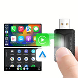 Wireless CarPlay/Android Auto adapter with smartphone and car interface on a light blue background