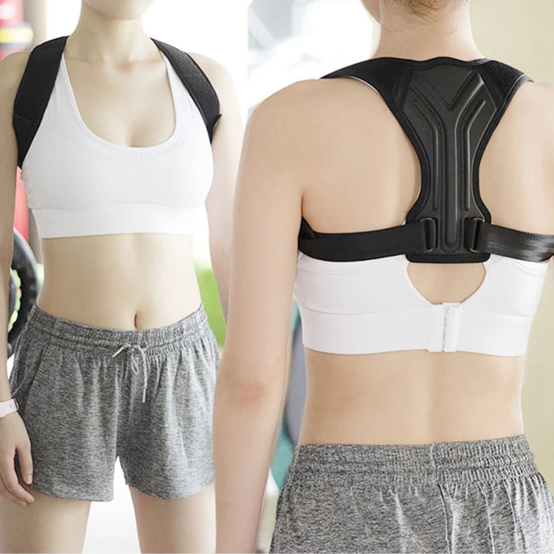 Woman wearing a black posture corrector, shown from front and back views.