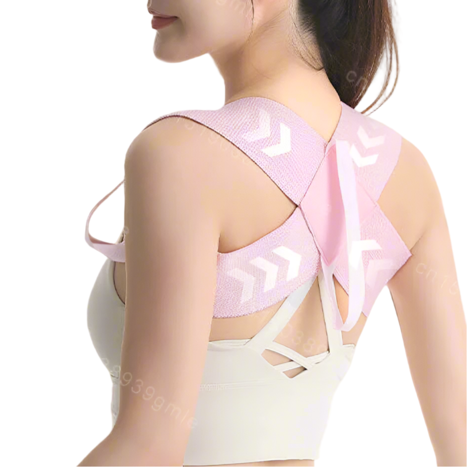 Woman wearing a shoulder straightening belt with text on a pink background