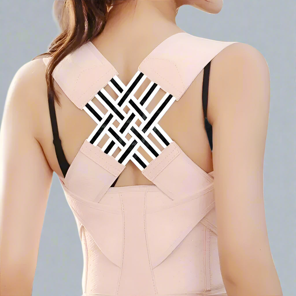 Beige back support brace worn by a person on a white background