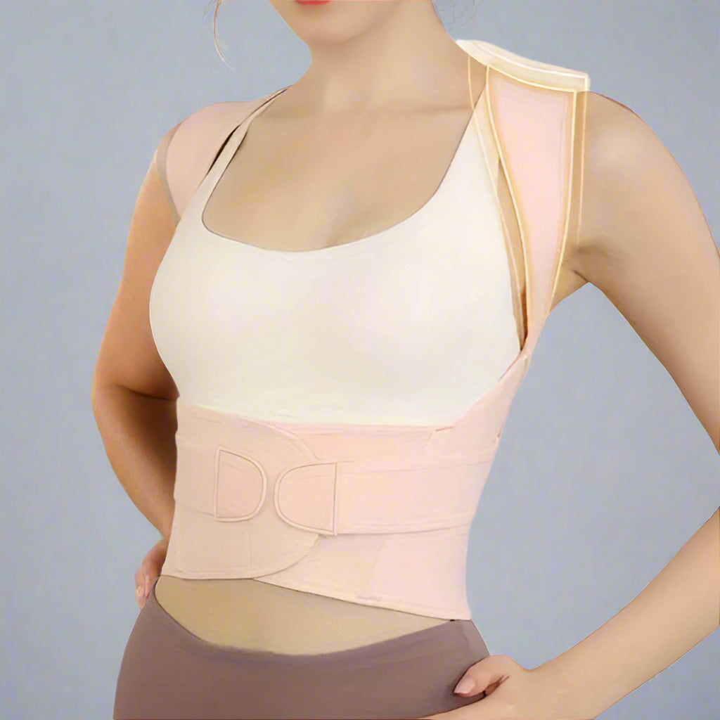 Woman wearing a beige compression garment with 'High elasticity' text on a white background