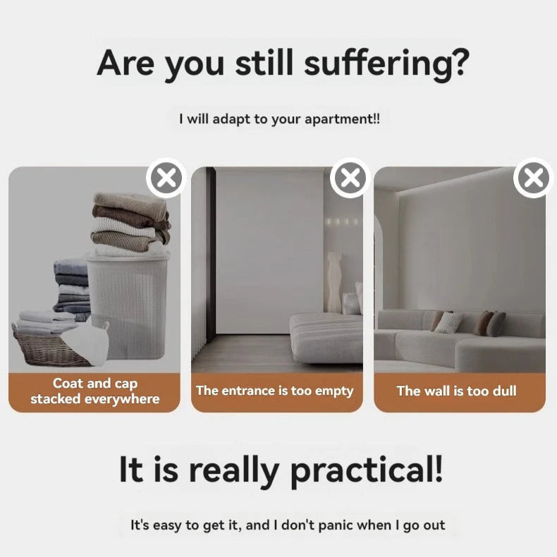 Advertisement for apartment furniture with text and images of living room and wall shelves.