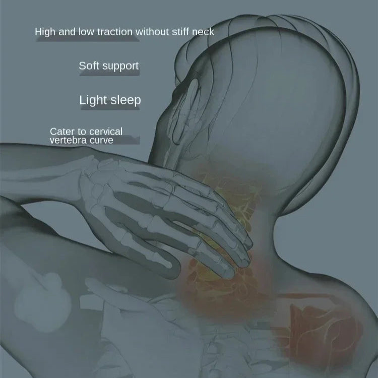 soothing pillow to solve cervical vertebra problem with X-ray image of neck.