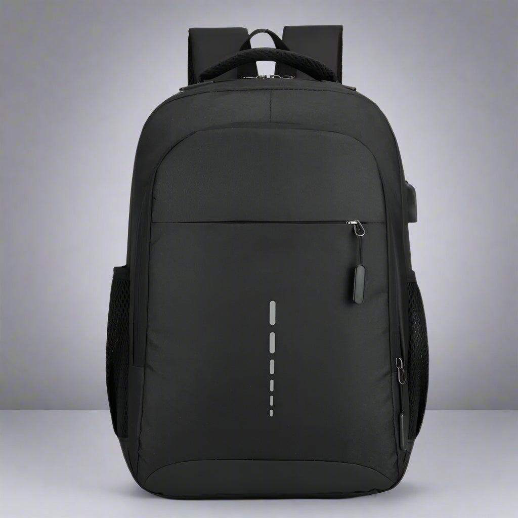 Black backpack on a white background