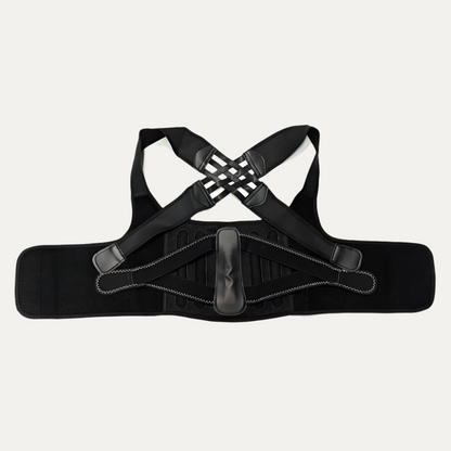 Black shoulder and back brace on a white background