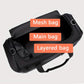 Black travel bag with mesh, main, and layered compartments on a white background.