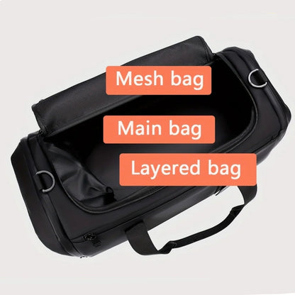 Black travel bag with mesh, main, and layered compartments on a white background.