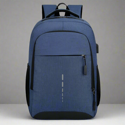 Blue backpack with black accents on a white background
