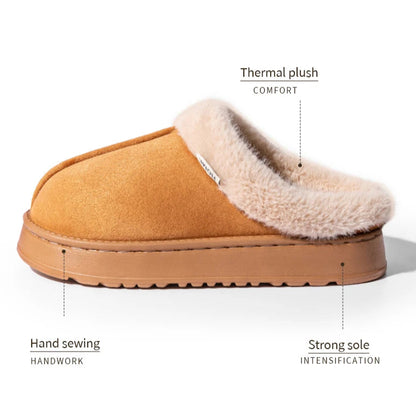 Brown slipper with shearling lining on a white background, highlighting features like thermal plush and strong sole.