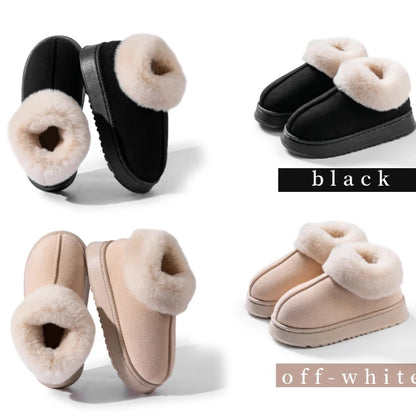 Black and off-white winter boots with fluffy interior on a white background
