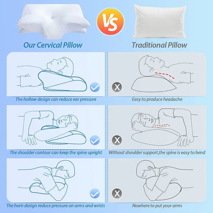 Comparison chart of cervical pillow vs traditional pillow with illustrations and text on a blue background.