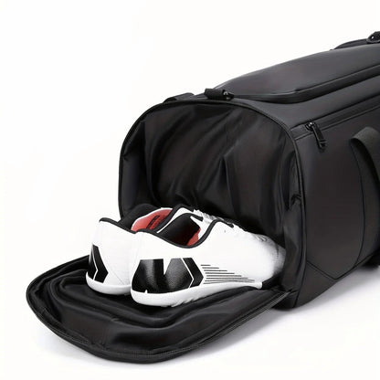 Black duffel bag with shoe compartment featuring a white sneaker, with text highlighting independent shoe storage.