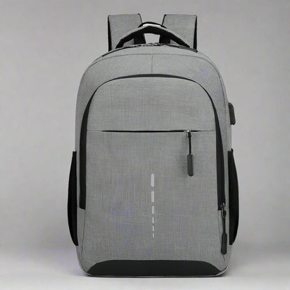 Gray backpack with black accents on a white background