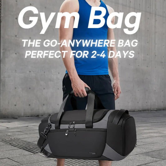 Man holding a black gym bag with promotional text on a concrete wall background