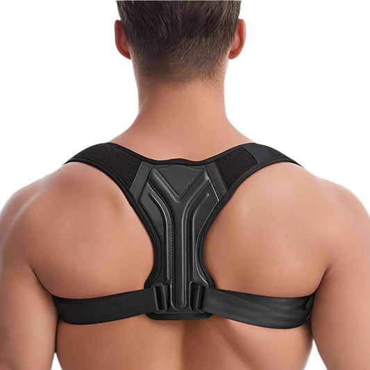 Man wearing a black posture corrector with insets showing different features on a white background.