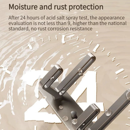 Metallic bracket with text about moisture and rust protection after an acid salt spray test.