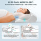 Person using a neck pillow with text 'Less Pain, More Sleep!' and diagrams showing its benefits.