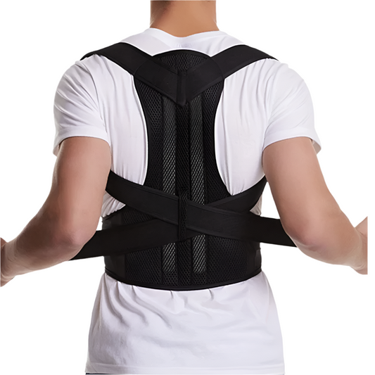 Person wearing a black posture corrector on a white background