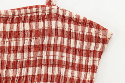 Women’s Summer Plaid Two-Piece Set – Strapless Button Crop Top & A-Line Skirt