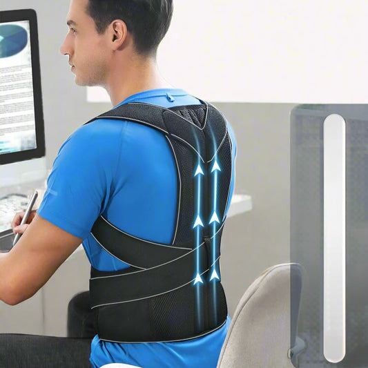 Person wearing a back support brace with 'STRONG BACK SUPPORT' text and graphics.