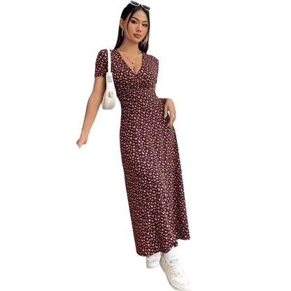 Women’s Autumn V-Neck Slim-Fit Floral Dress – Short Sleeve A-Line Commuter Style